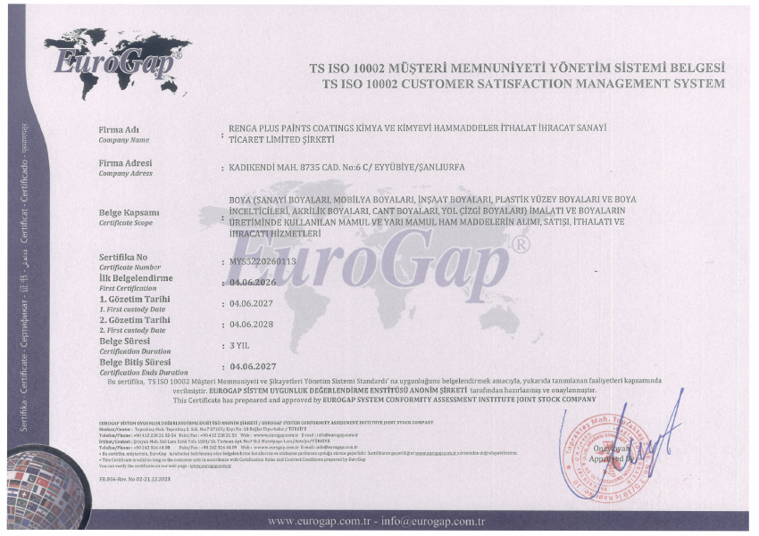 Renga Plus ISO 10002 belgesi