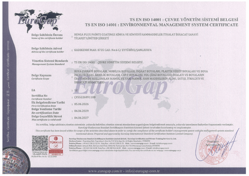 Renga Plus ISO 14001 belgesi