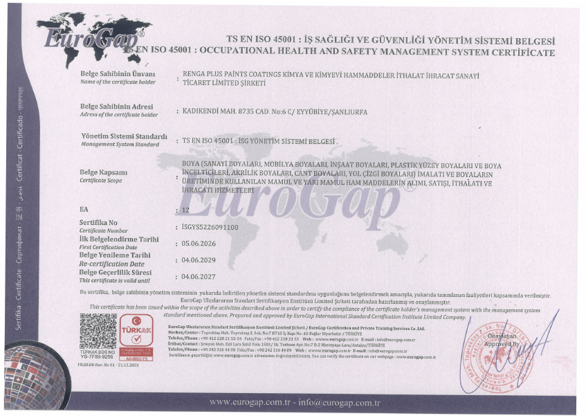 Renga Plus ISO 45001 belgesi