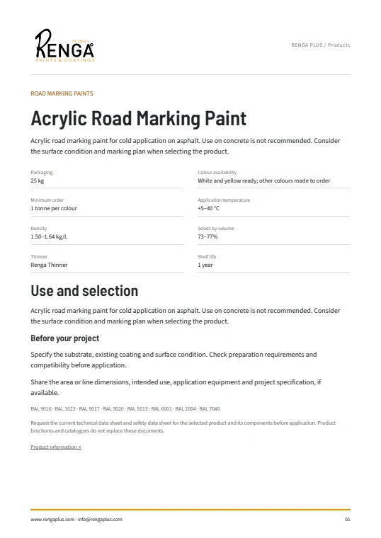 Acrylic Road Marking Paint — Product information cover
