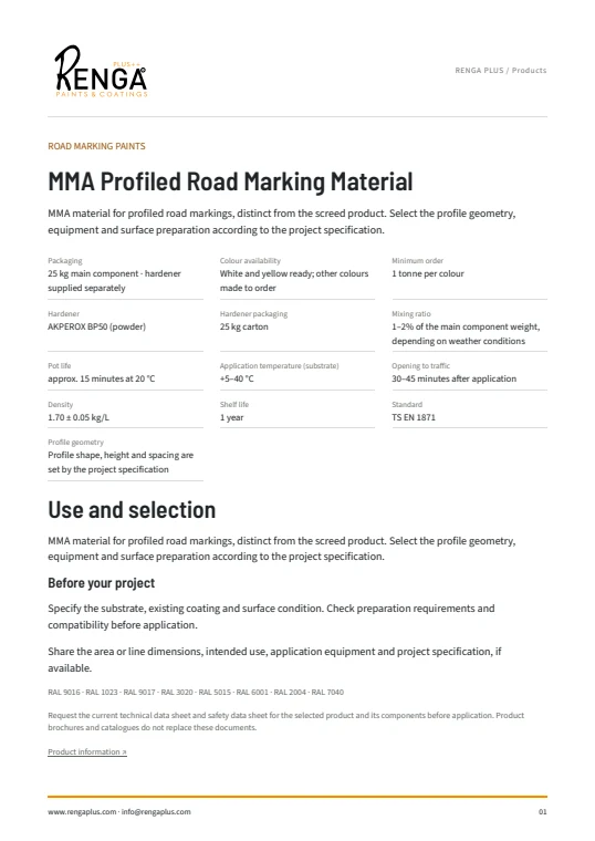 MMA Profiled Road Marking Material — Product information cover