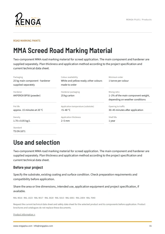 MMA Screed Road Marking Material — Product information cover