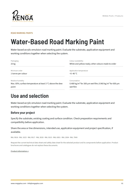 Water-Based Road Marking Paint — Product information cover