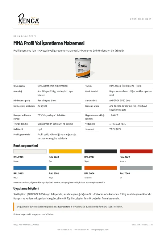 MMA Profil Yol İşaretleme Malzemesi — ürün bilgisi kapağı
