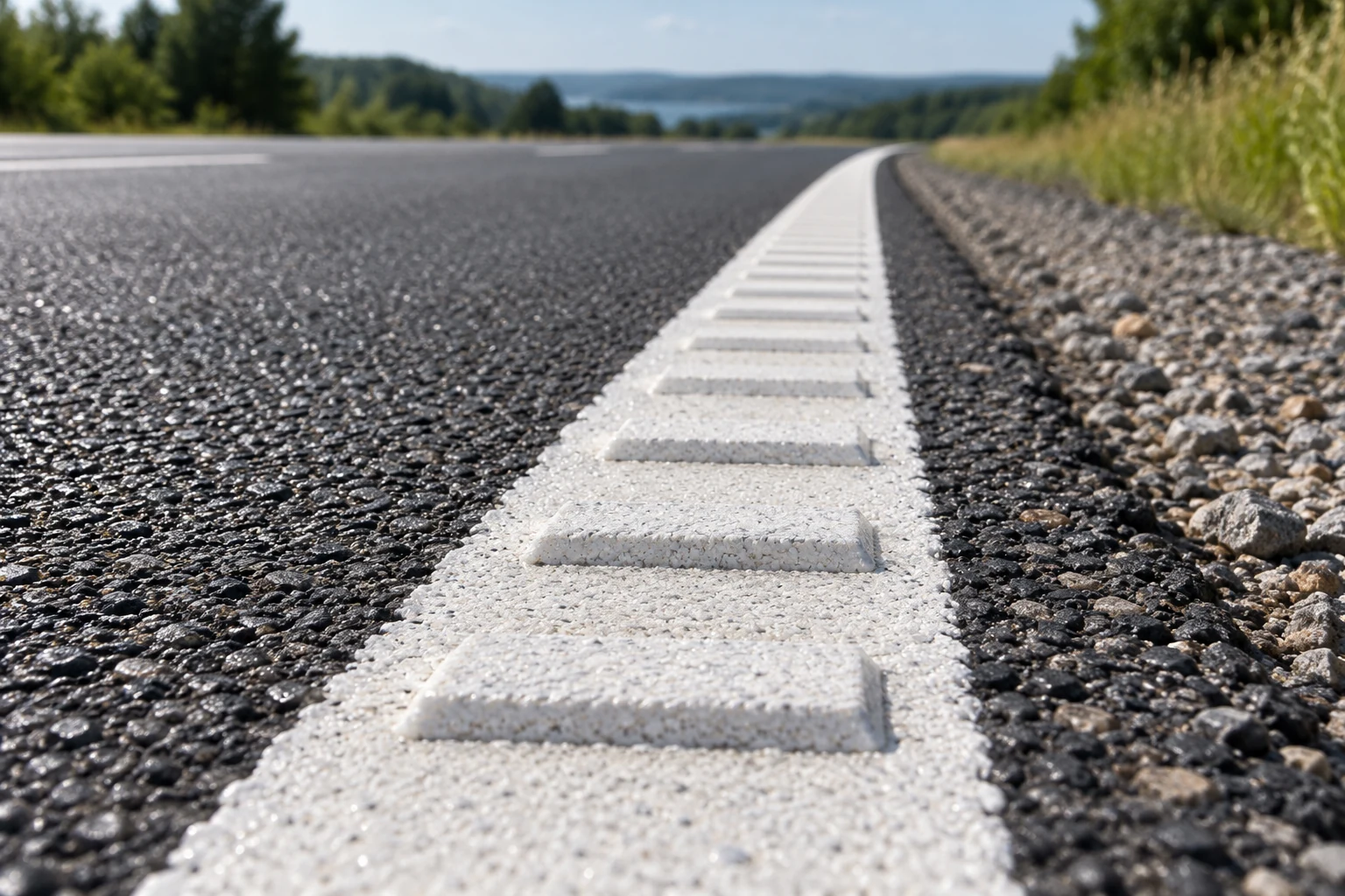 Asfalt üzerinde yükseltilmiş profilli beyaz yol işaretlemesi